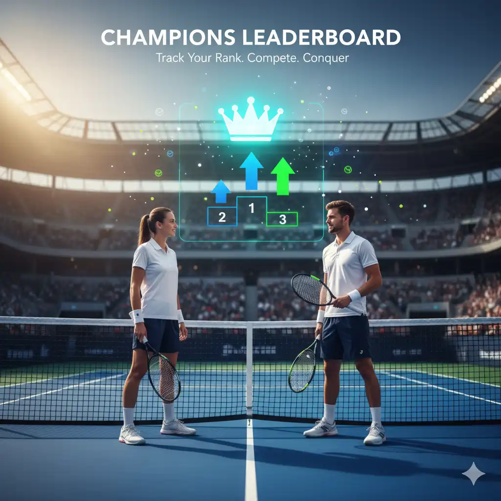 Üstlerinde kral tacı ve sıralama numaralarının bulunduğu, rekabetçi tenis sıralamasını temsil eden dijital liderlik tablosu grafiğinin bulunduğu kortta duran erkek ve kadın tenisçiler.