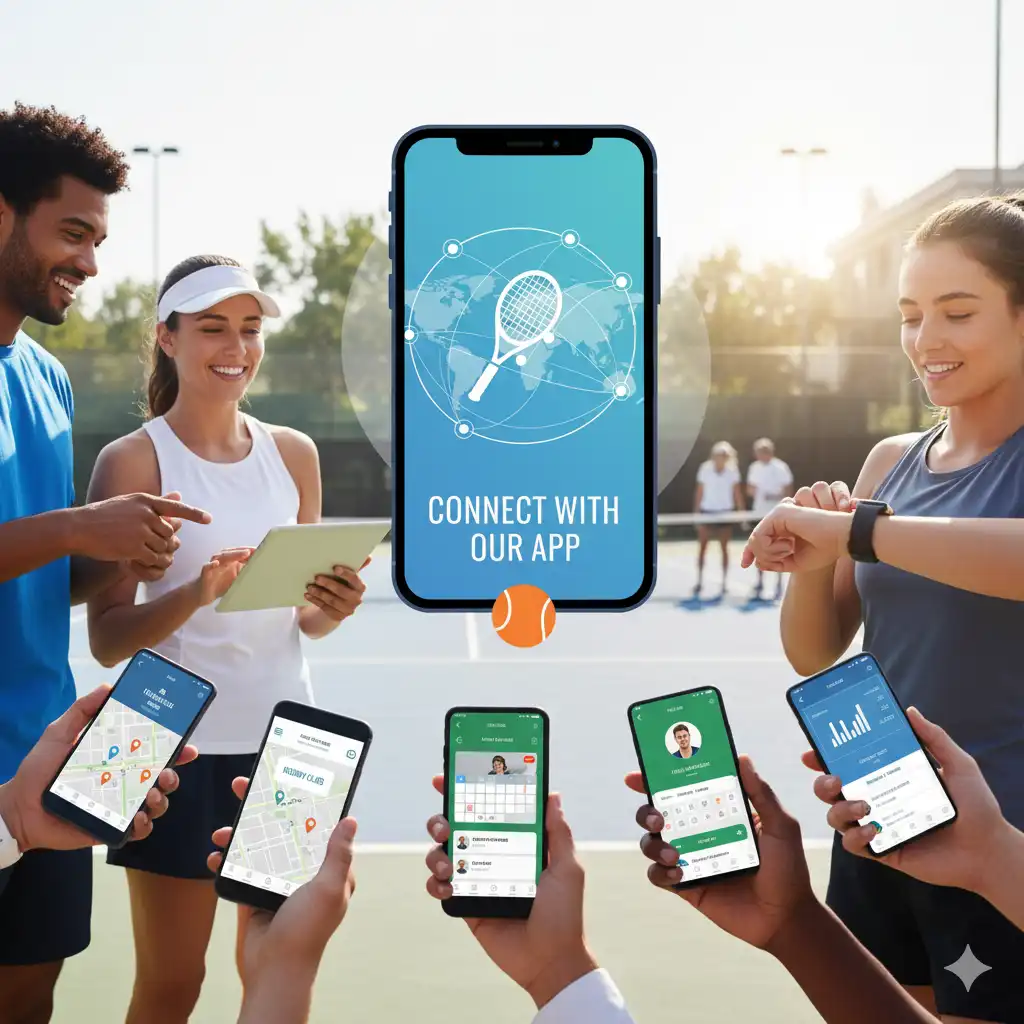 CourtB mobil uygulaması sayesinde birbirleriyle etkileşim kuran tenisçiler