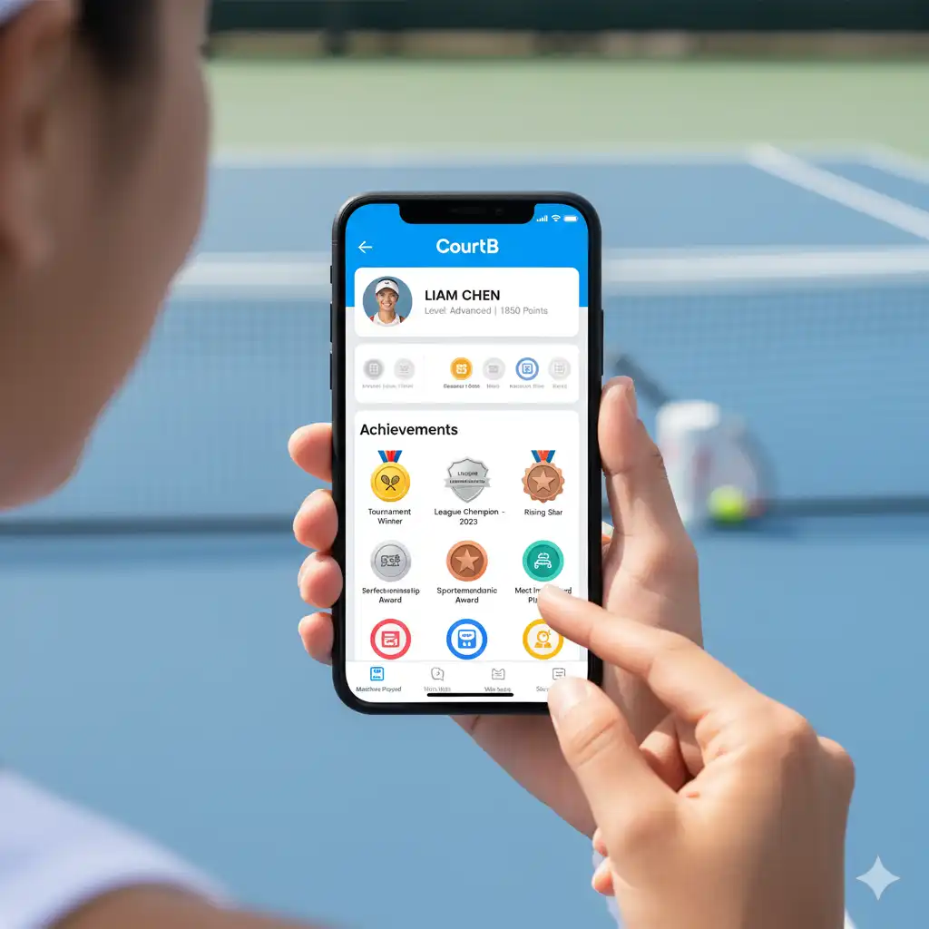 Tennis player profile showing medals, badges, and achievements